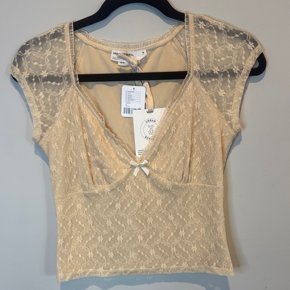 Urban Outfitters Textured Lace Cap Sleeve Top in Beige